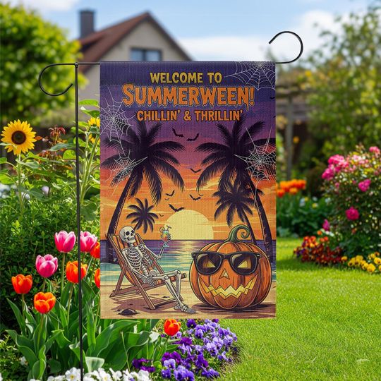 Summerween Garden Flag: Spooky Skeleton Pumpkin Decor