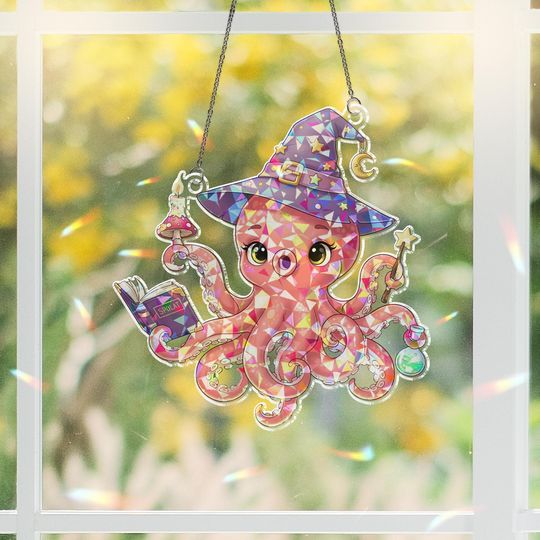 Holographic Witch Octopus Suncatcher: Halloween Window Ornament