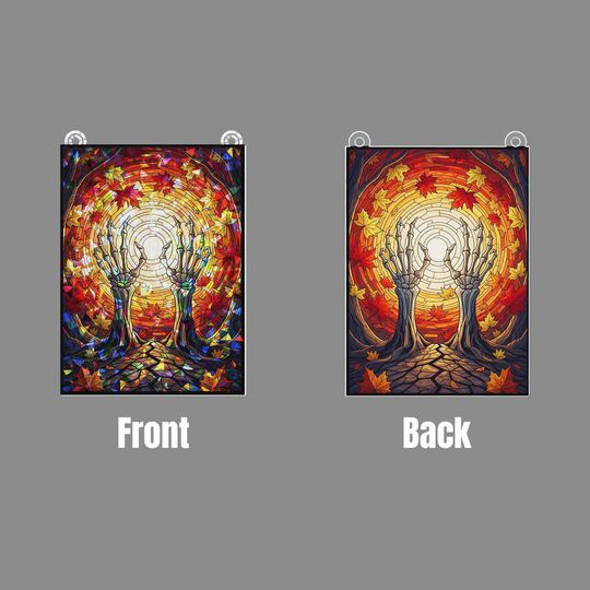 Skeleton Hands Suncatcher: Holographic Autumn Leaves Gothic Window Decor