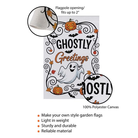 Ghostly Greetings Halloween Garden Flag  Cute Ghost Yard Decor with Pumpkins, Bats & Fall Leaves for Spooky Outdoor Decoration