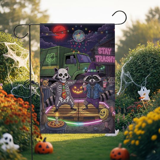 Stay Trashy Halloween Garden Flag: Raccoon Skeleton Witch Party Decor
