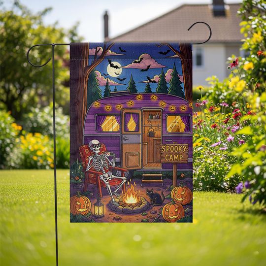Spooky Camp Halloween Garden Flag  Skeleton Camper Firepit Yard Decor  Fall Camping Outdoor Sign