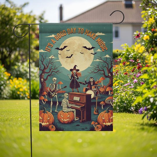 Halloween Music Garden Flag: Spooky Skeletons, Witch & Mummy - Fall Porch Decor