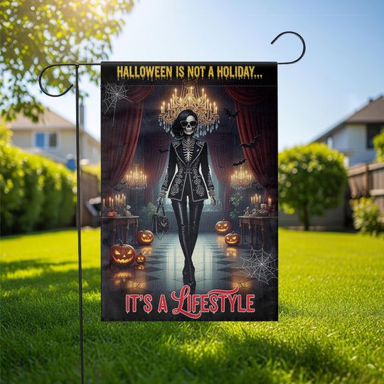 Gothic Halloween Garden Flag: Skeleton, Pumpkins & Bats - Weather Resistant