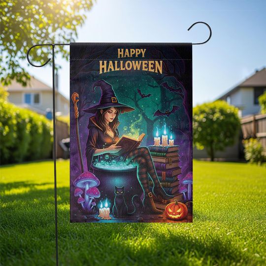 Halloween Witch Garden Flag  Spooky Reading Witch Yard Decor with Cat and Cauldron