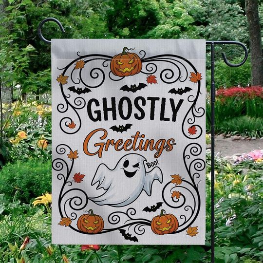 Ghostly Greetings Halloween Garden Flag  Cute Ghost Yard Decor with Pumpkins, Bats & Fall Leaves for Spooky Outdoor Decoration