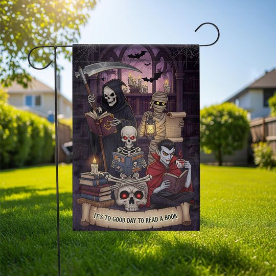 Halloween Reading Garden Flag  Grim Reaper Vampire Mummy Skeleton Book Lover Decor