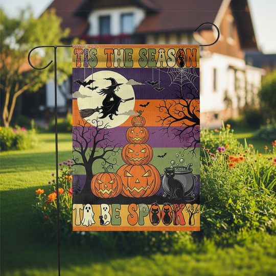 Halloween Garden Flag: Witch, Pumpkin & Black Cat - Outdoor Decor