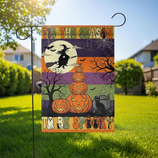 Halloween Garden Flag: Witch, Pumpkin & Black Cat - Outdoor Decor