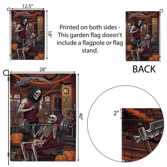 Skeleton Gym Halloween Garden Flag, Funny Weightlifting Yard Decor, Grim Reaper