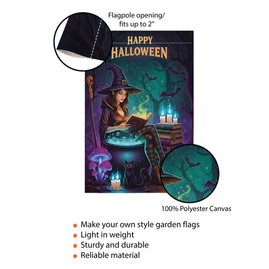 Halloween Witch Garden Flag  Spooky Reading Witch Yard Decor with Cat and Cauldron