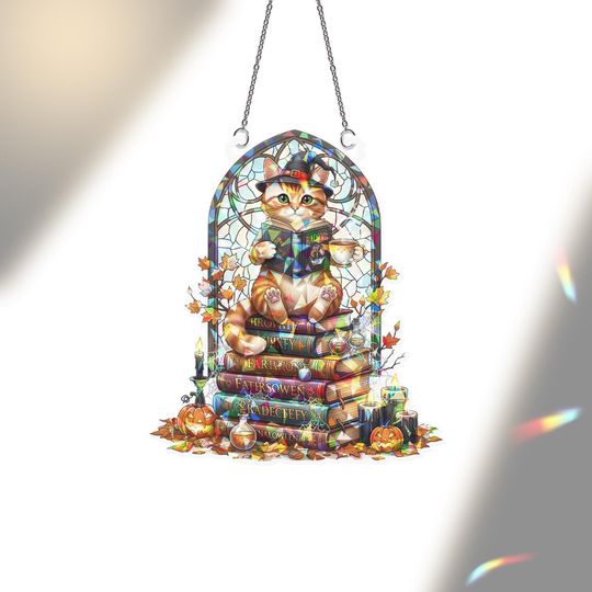 Stained Glass Witch Cat Suncatcher: Halloween Book Stack Window Decor