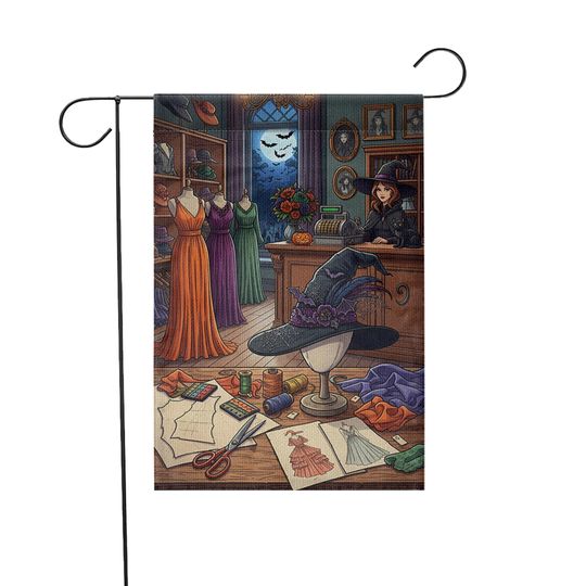 Witch Sewing Room Garden Flag: Halloween Dressmaker Decor