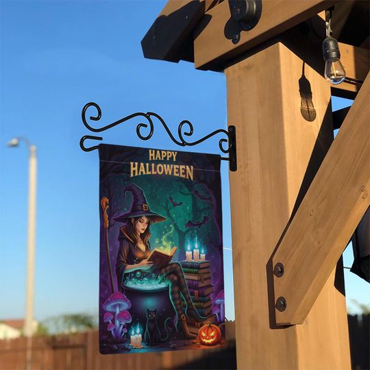 Halloween Witch Garden Flag  Spooky Reading Witch Yard Decor with Cat and Cauldron