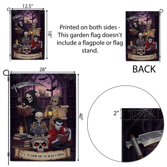 Halloween Reading Garden Flag  Grim Reaper Vampire Mummy Skeleton Book Lover Decor