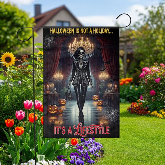 Gothic Halloween Garden Flag: Skeleton, Pumpkins & Bats - Weather Resistant