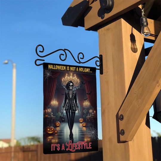 Gothic Halloween Garden Flag: Skeleton, Pumpkins & Bats - Weather Resistant