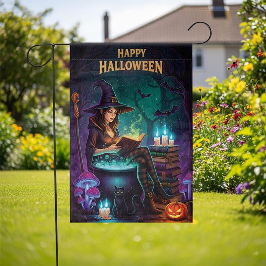 Halloween Witch Garden Flag  Spooky Reading Witch Yard Decor with Cat and Cauldron