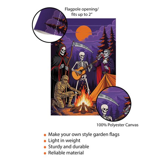 Halloween Campfire Garden Flag  Grim Reaper Skeleton Vampire Mummy Funny Spooky Decor