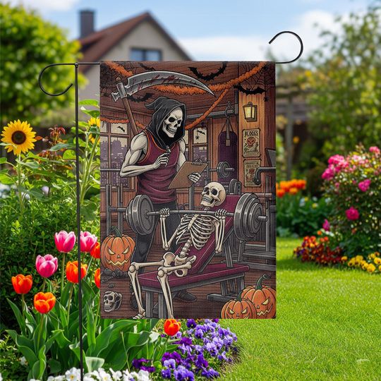 Skeleton Gym Halloween Garden Flag, Funny Weightlifting Yard Decor, Grim Reaper