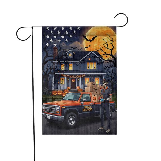 Skeleton Delivery Driver Halloween Garden Flag: Spooky Fall Decor
