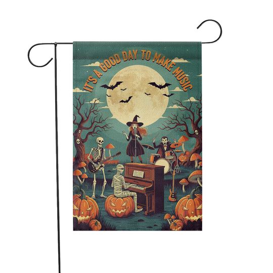 Halloween Music Garden Flag: Spooky Skeletons, Witch & Mummy - Fall Porch Decor