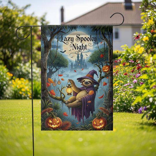 Spooky Sloth Halloween Garden Flag: Funny Witch, Pumpkin Lantern
