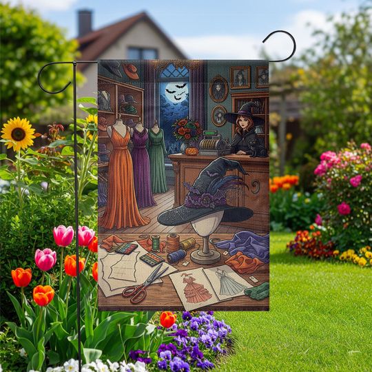 Witch Sewing Room Garden Flag: Halloween Dressmaker Decor