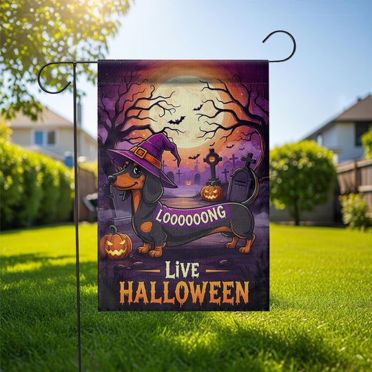 Halloween Dachshund Garden Flag: Long Dog Witch Yard Decor