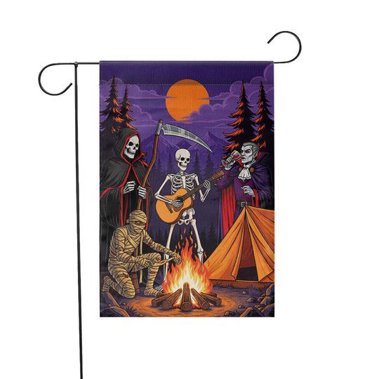 Halloween Campfire Garden Flag  Grim Reaper Skeleton Vampire Mummy Funny Spooky Decor