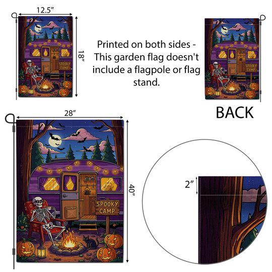 Spooky Camp Halloween Garden Flag  Skeleton Camper Firepit Yard Decor  Fall Camping Outdoor Sign