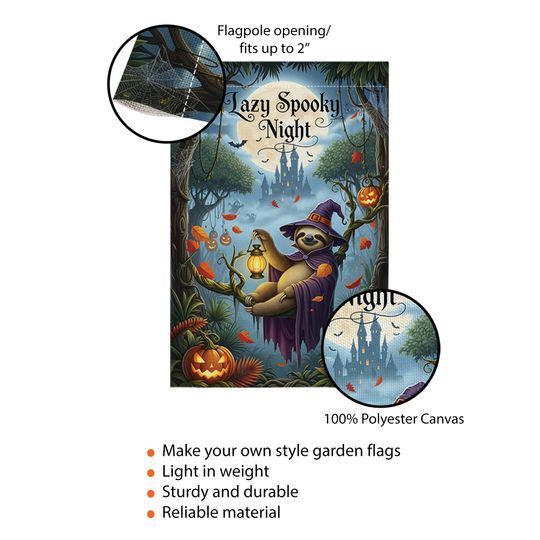 Spooky Sloth Halloween Garden Flag: Funny Witch, Pumpkin Lantern
