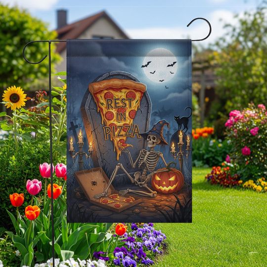 Rest in Pizza Skeleton Flag  Halloween Pizza Graveyard Garden Decor