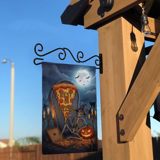 Rest in Pizza Skeleton Flag  Halloween Pizza Graveyard Garden Decor