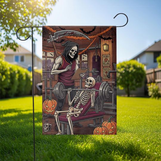 Skeleton Gym Halloween Garden Flag, Funny Weightlifting Yard Decor, Grim Reaper
