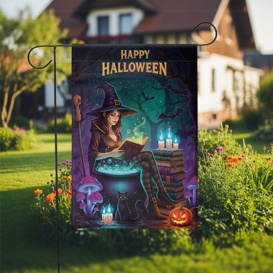 Halloween Witch Garden Flag  Spooky Reading Witch Yard Decor with Cat and Cauldron
