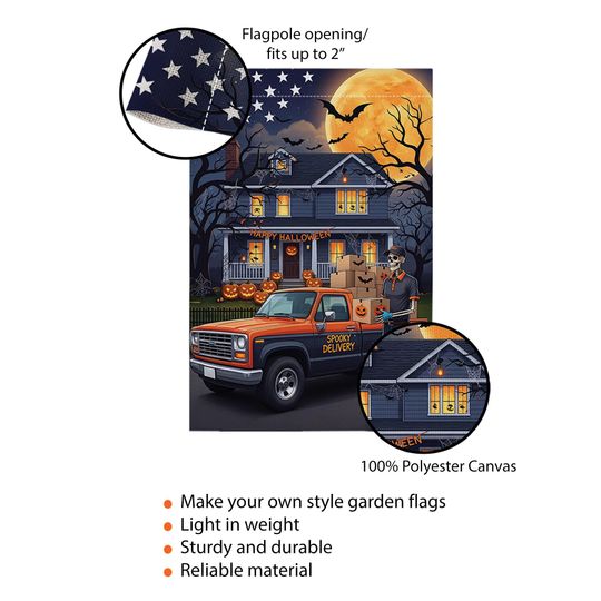 Skeleton Delivery Driver Halloween Garden Flag: Spooky Fall Decor