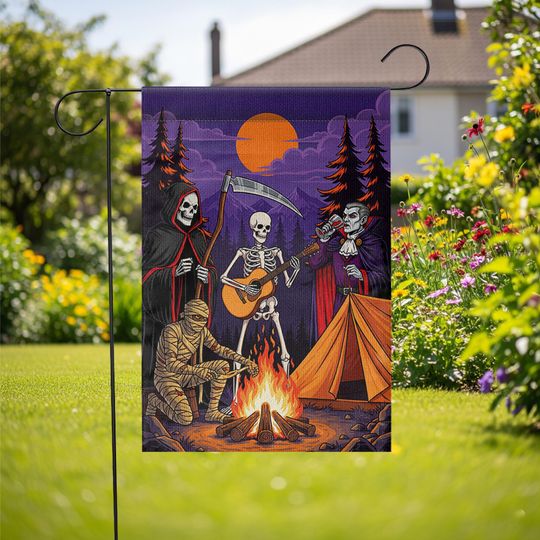 Halloween Campfire Garden Flag  Grim Reaper Skeleton Vampire Mummy Funny Spooky Decor