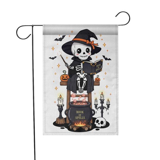 Skeleton Witch Halloween Garden Flag: Spooky Cauldron Decor