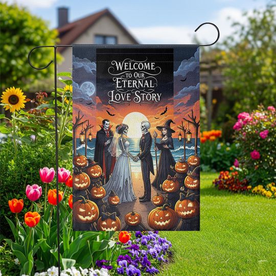 Gothic Halloween Wedding Garden Flag: Skeleton Bride & Groom, Spooky Fall Decor