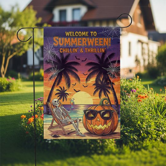 Summerween Garden Flag: Spooky Skeleton Pumpkin Decor