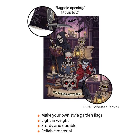 Halloween Reading Garden Flag  Grim Reaper Vampire Mummy Skeleton Book Lover Decor
