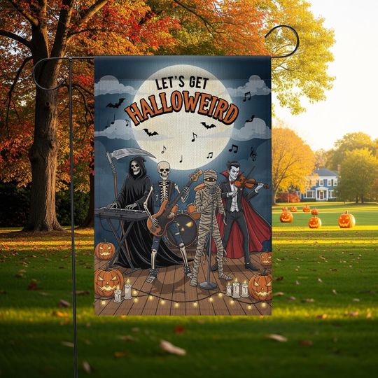 Funny Halloween Garden Flag: Skeleton Band, Grim Reaper & Vampire - Spooky Yard Decor