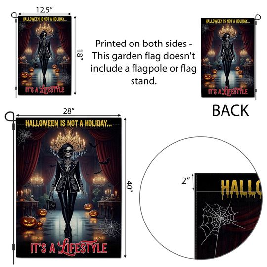 Gothic Halloween Garden Flag: Skeleton, Pumpkins & Bats - Weather Resistant