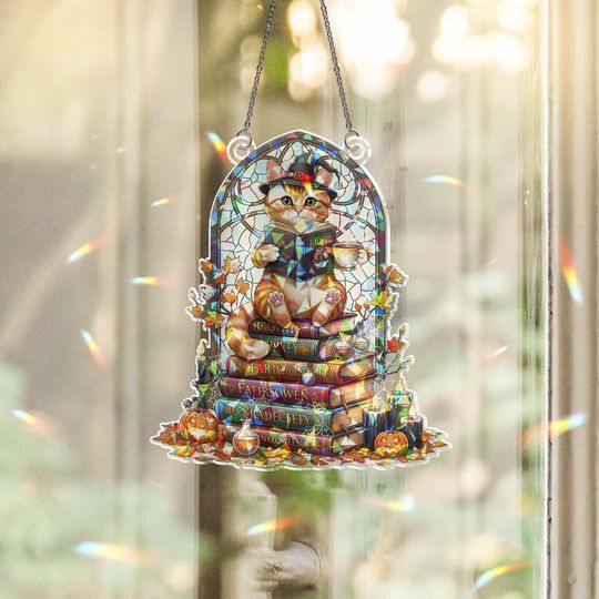 Stained Glass Witch Cat Suncatcher: Halloween Book Stack Window Decor