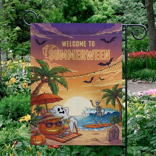 Summerween Garden Flag  Funny Halloween Beach Decor with Skeleton & Ghost