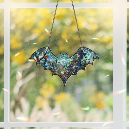 Bat Suncatcher Gothic Halloween Window Hanging Haunted Graveyard Stained Glass Art