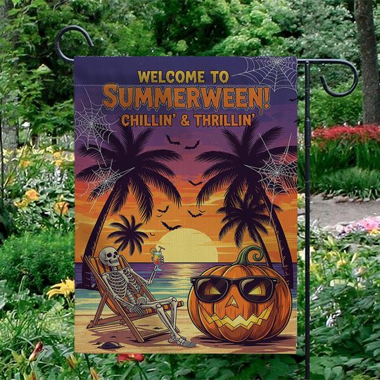 Summerween Garden Flag: Spooky Skeleton Pumpkin Decor