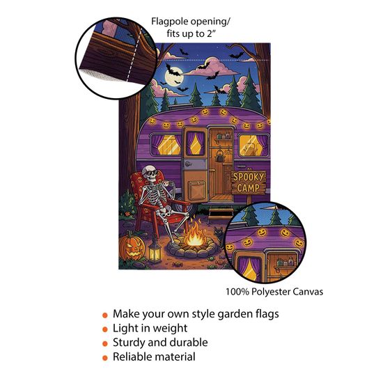 Spooky Camp Halloween Garden Flag  Skeleton Camper Firepit Yard Decor  Fall Camping Outdoor Sign