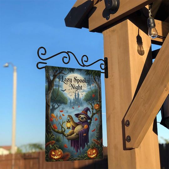 Spooky Sloth Halloween Garden Flag: Funny Witch, Pumpkin Lantern